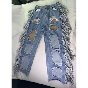 N1 Los Angeles Fringe Distressed Rhinestone‎ Fishnet Patch Jeans Western Boho M
